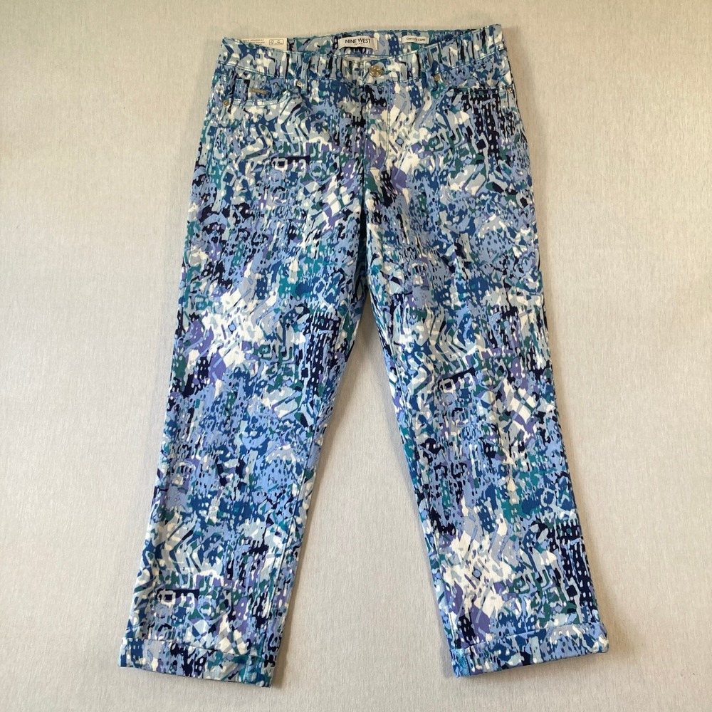 NEW Nine West Pants Women 8 23.5" Inseam Chrystie Capri Denim Blue Abstract NWT